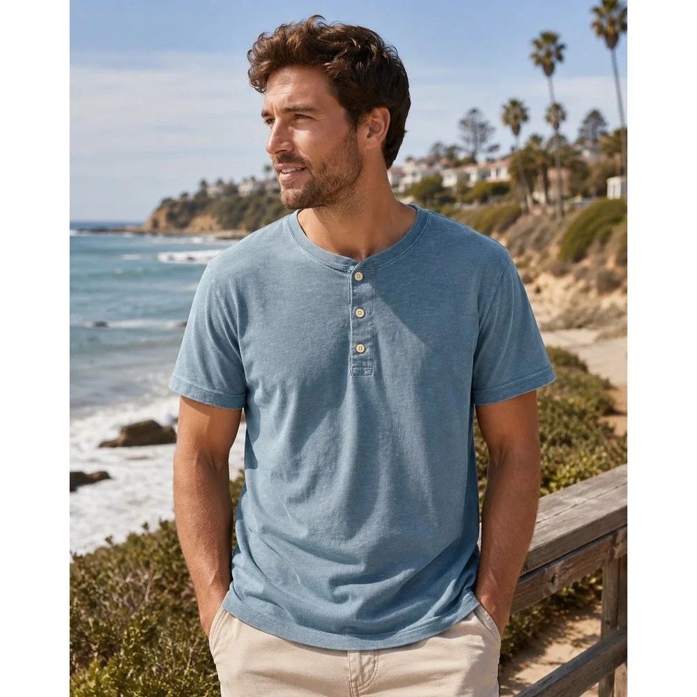 J Crew Mens Size XL Slub Cotton Henley Shirt Blue Short Sleeve Casual Tee Preppy